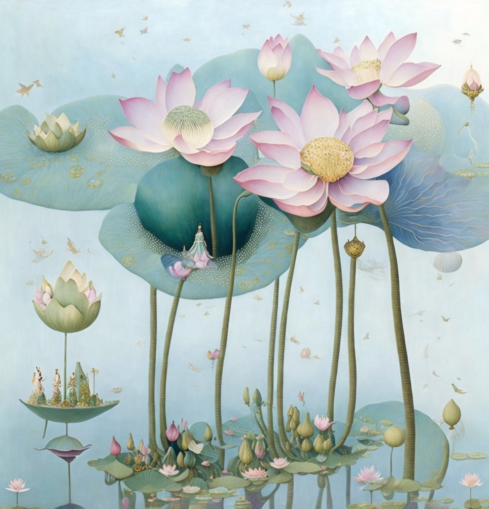 Dreamlike Scene with Pink Lotus Flowers and Ethereal Figures