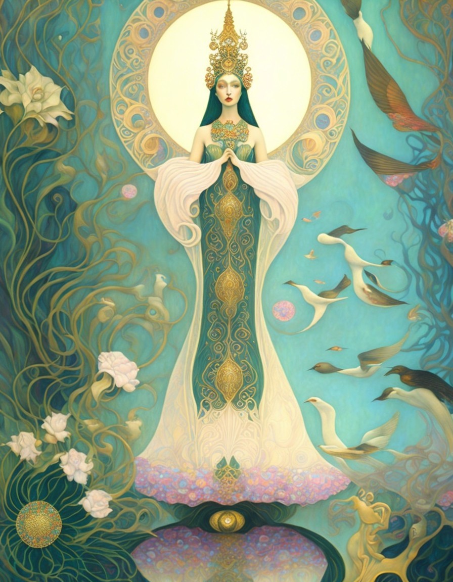 Mystical Figure in Gown Surrounded by Ethereal Birds