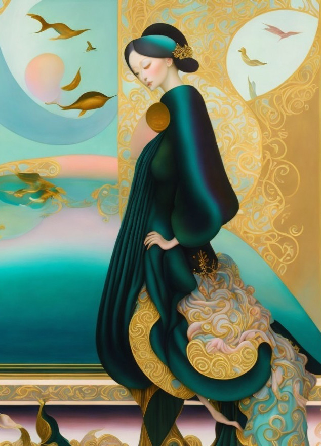 Serene Figure in Elegant Gown with Pastel Background