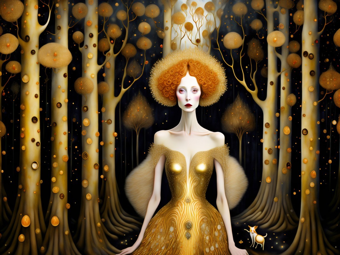Surreal Forest Scene with Golden Orbs and Figure