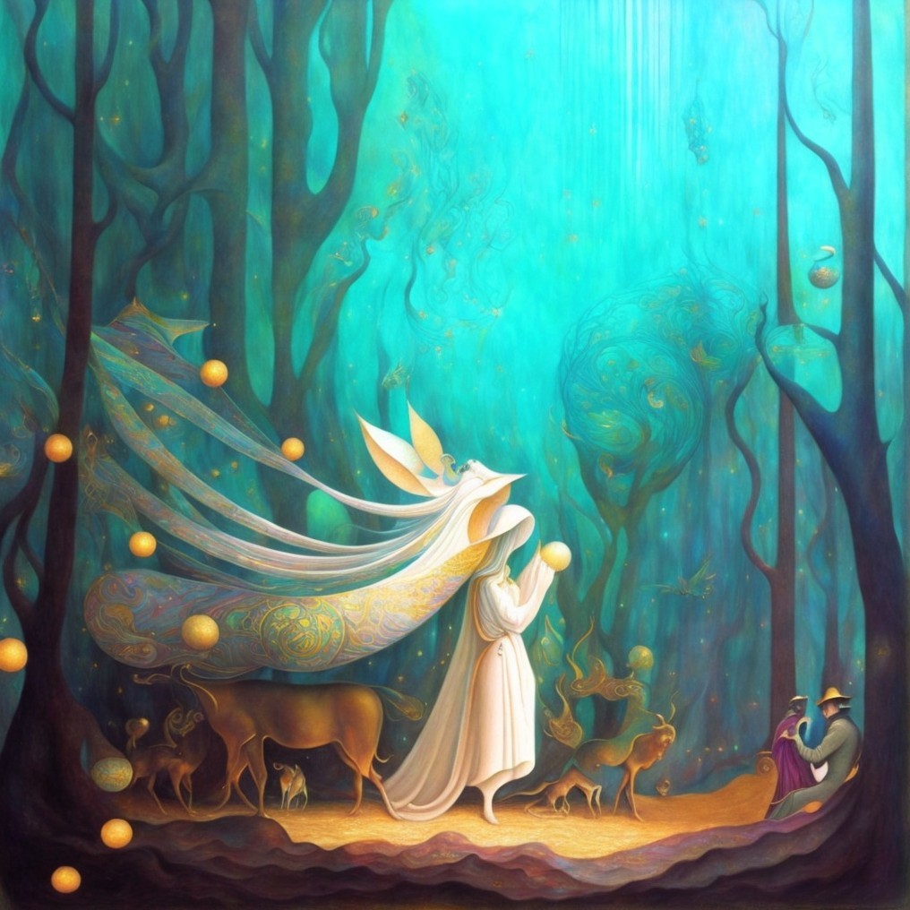 Mystical forest scene with glowing orb and enchanted deer