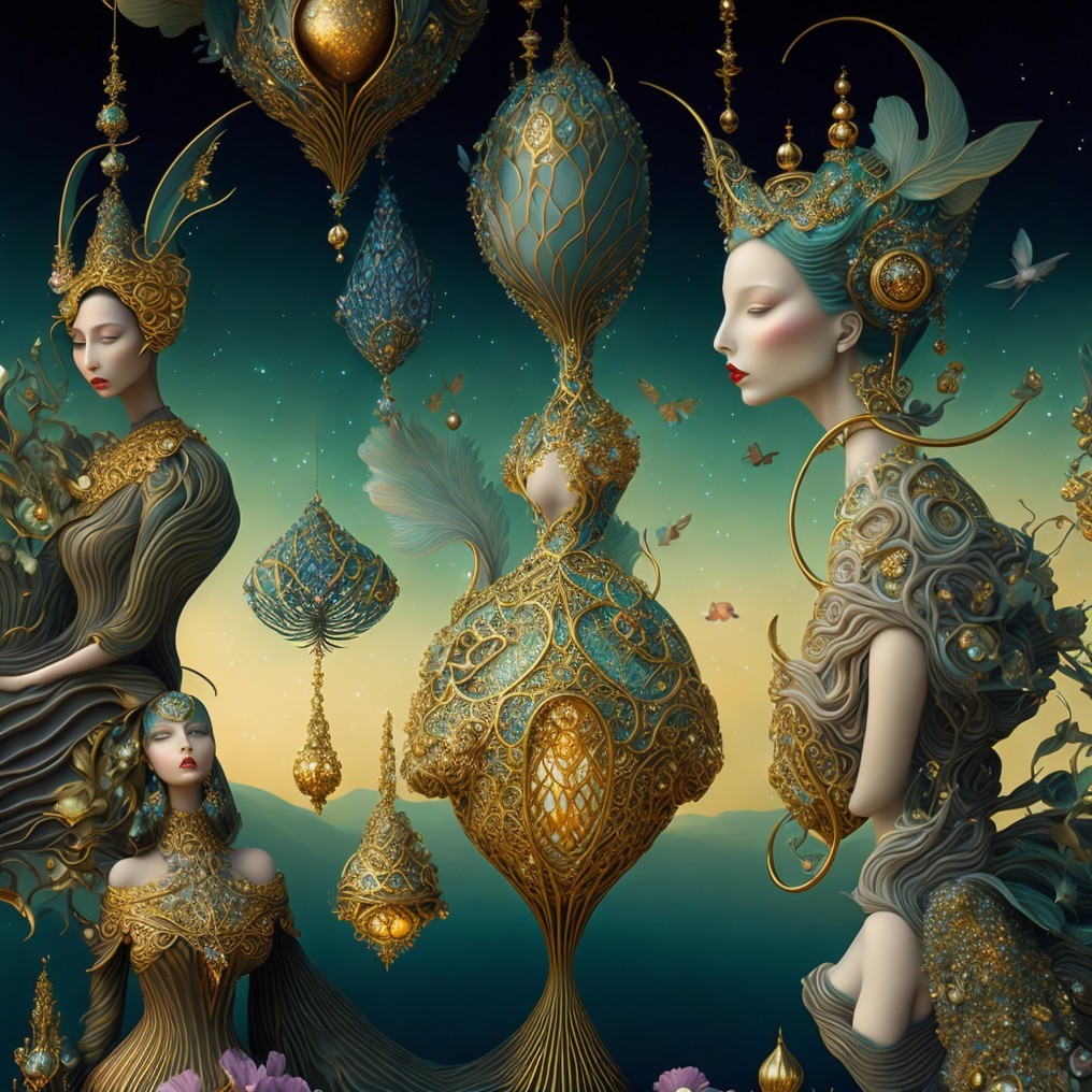 Ethereal Figures in Intricate Attire with Jewel Elements