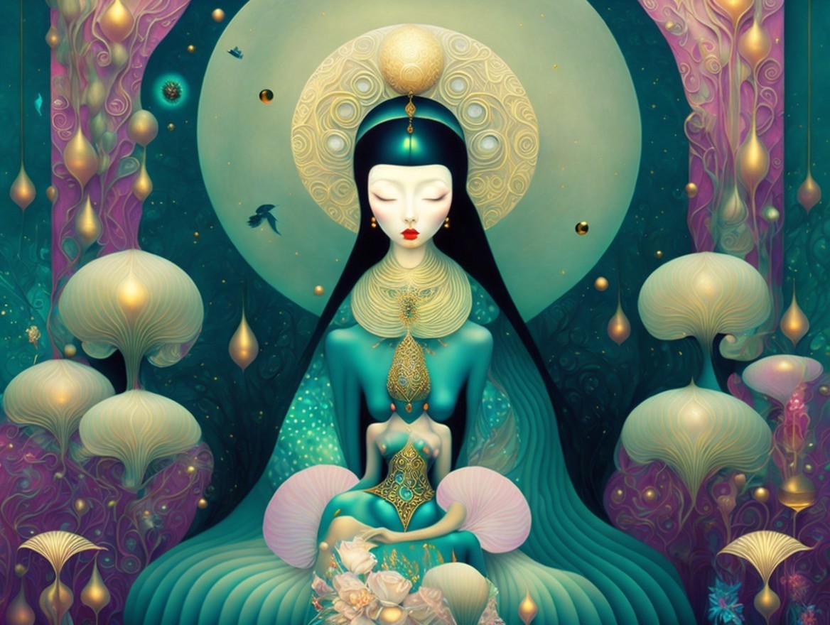 Ethereal figure in turquoise garments with luminous orbs