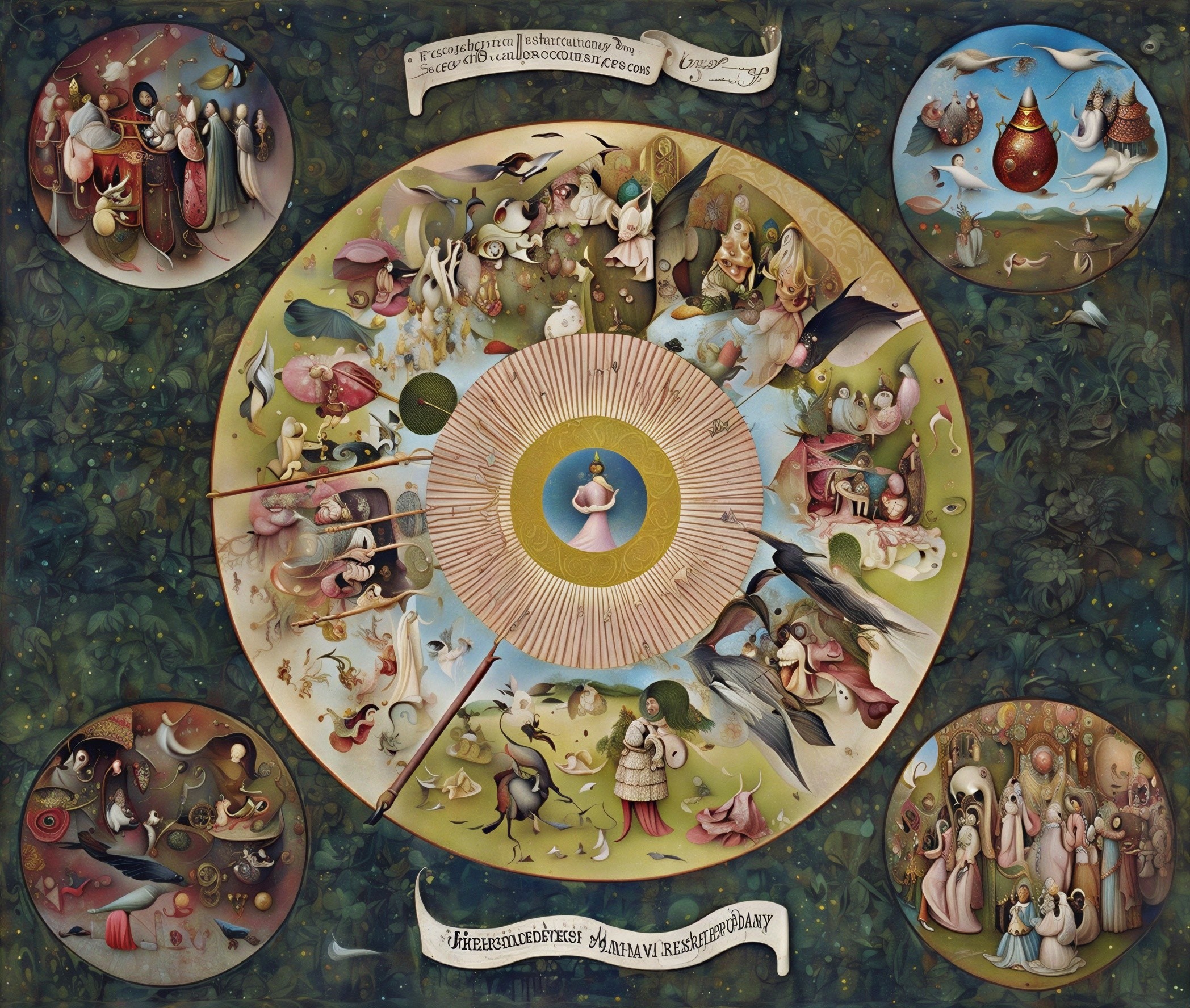 Surrealist Circular Painting with Detailed Landscape Elements