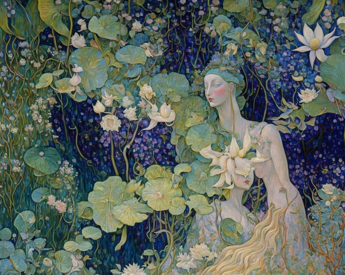 Surreal Scene of Figures in Lush Floral Landscape