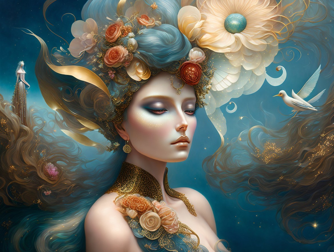 Woman with Flowing Hair and Floral Adornments