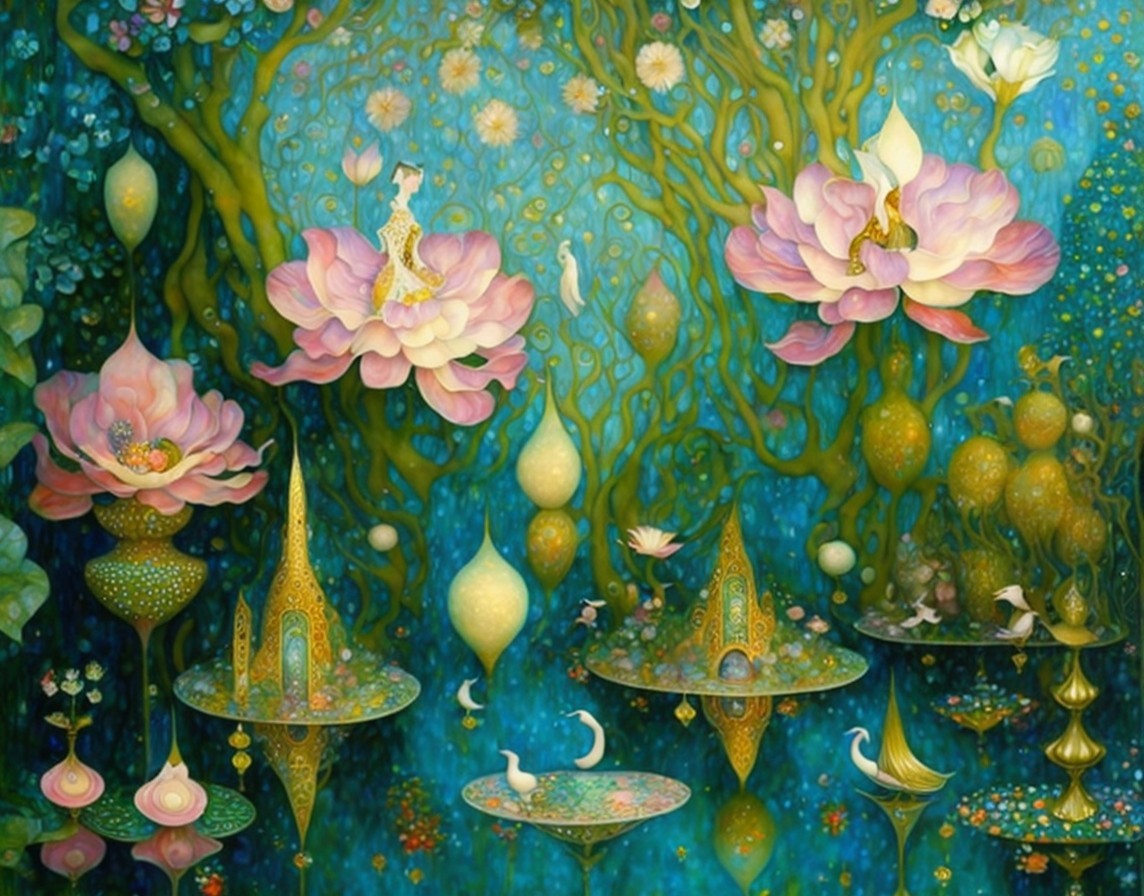 Vibrant Dreamlike Scene with Lotus Flowers and Orbs