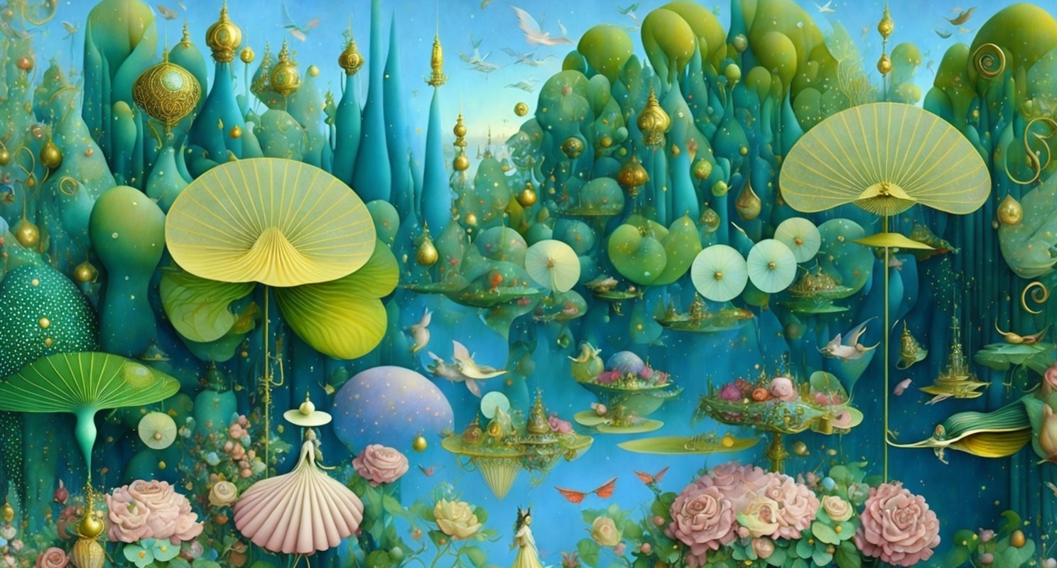 Surreal Landscape with Lush Greenery and Floating Elements