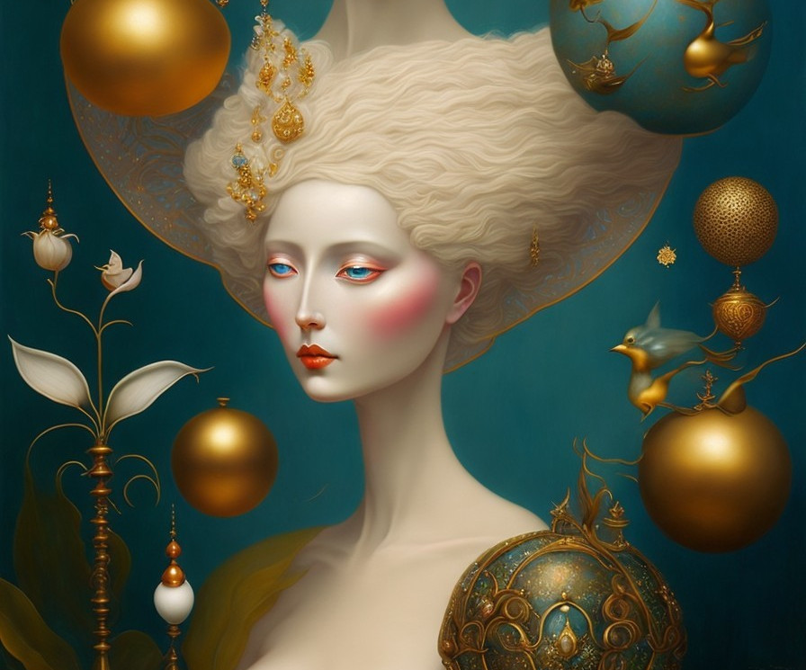 Surreal Artwork of Ethereal Woman with Golden Orbs
