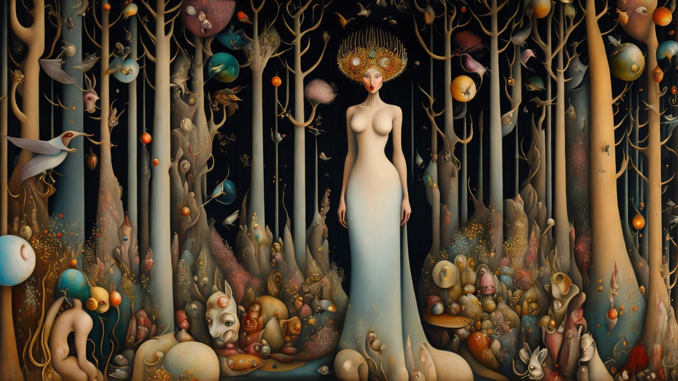 Serene Figure in Mystical Forest with Whimsical Creatures