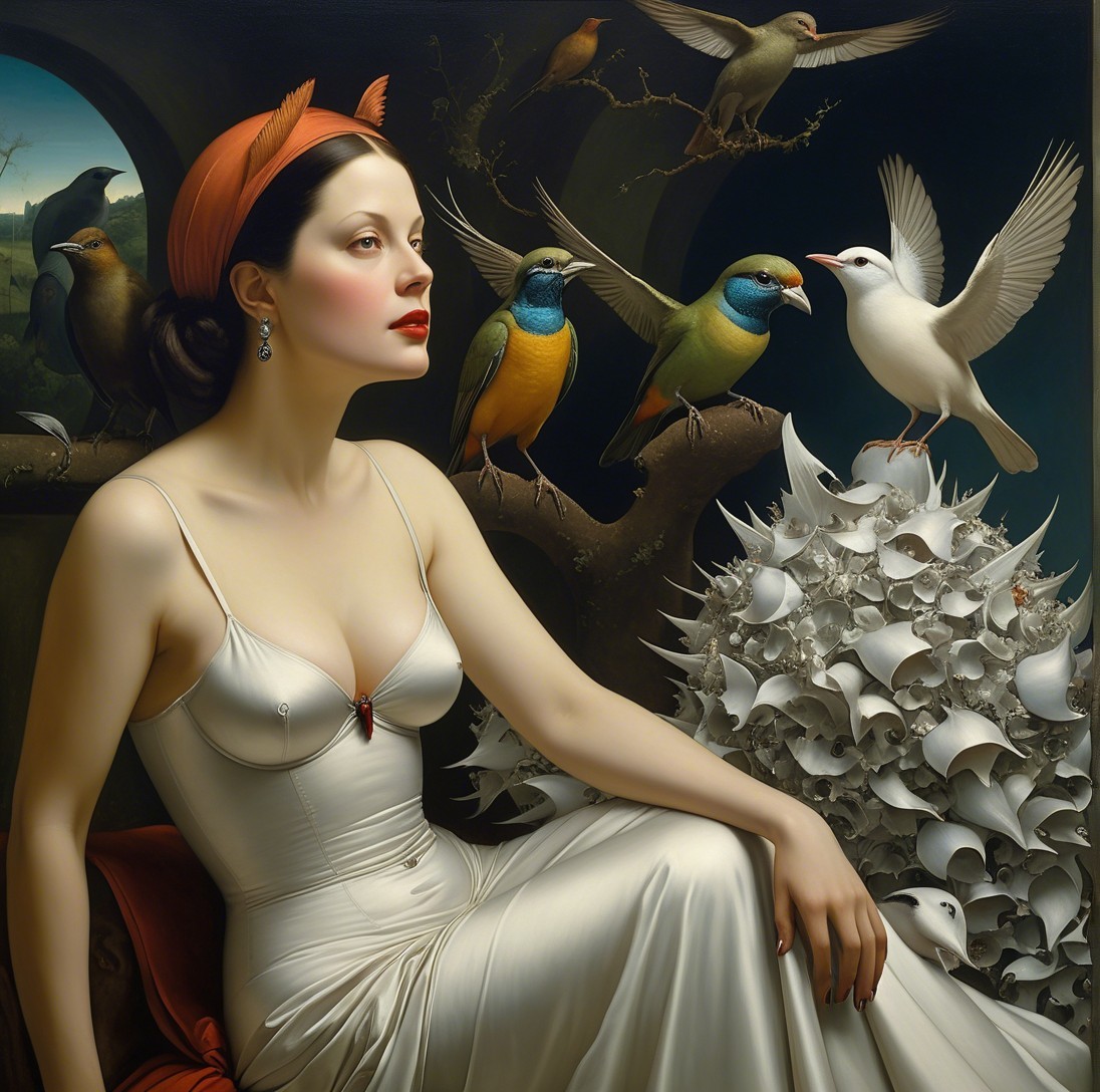 Woman in White Gown Surrounded by Seashells and Birds