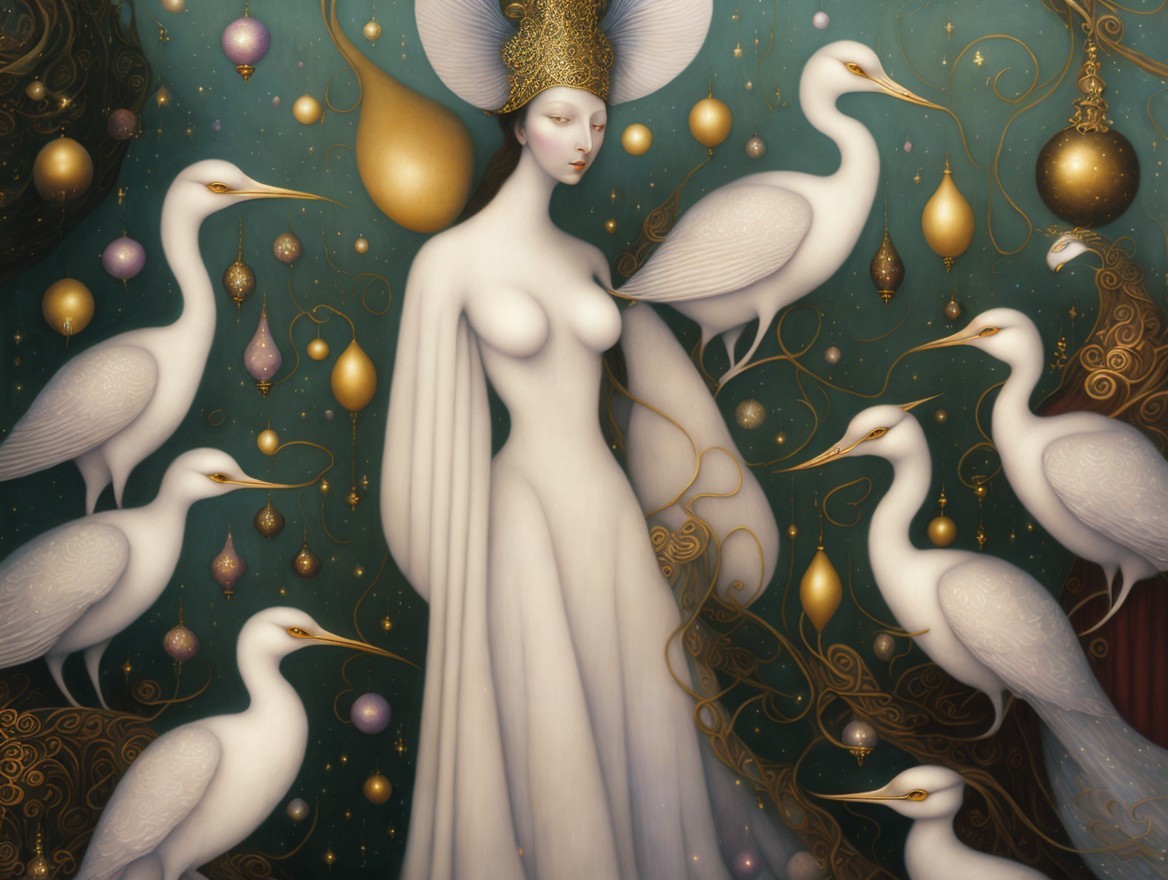 Serene Figure in White Garments with Cranes and Gold