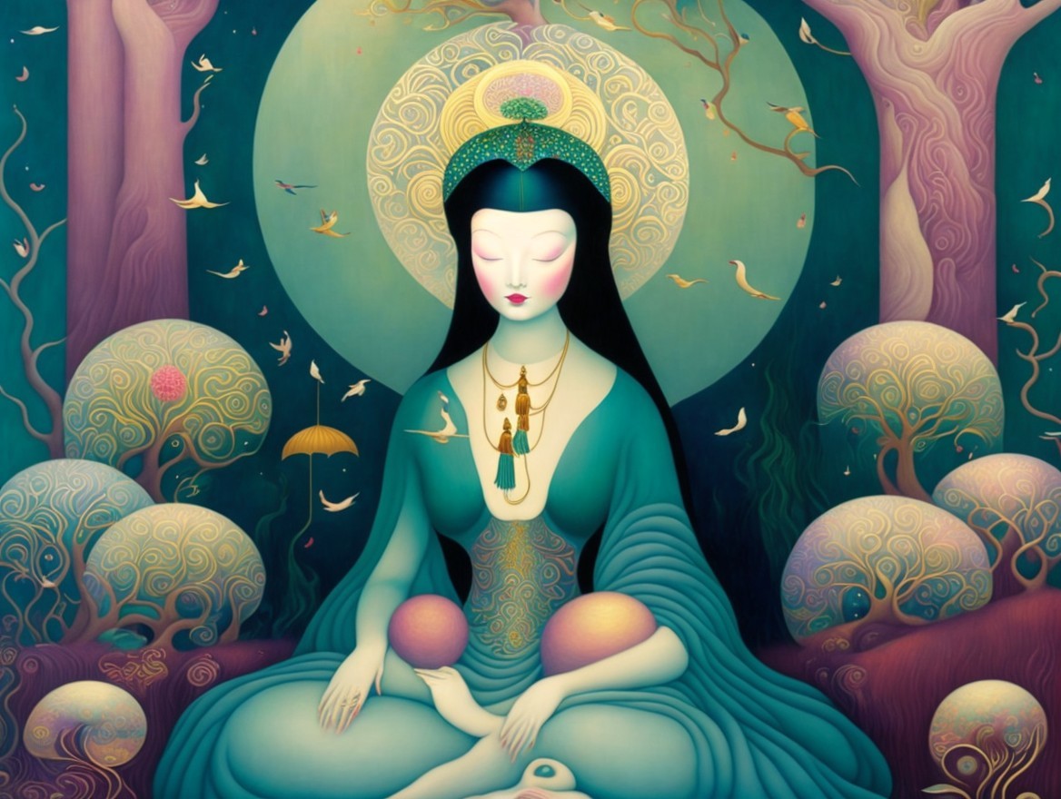 Meditative Figure in Turquoise Robes with Halo