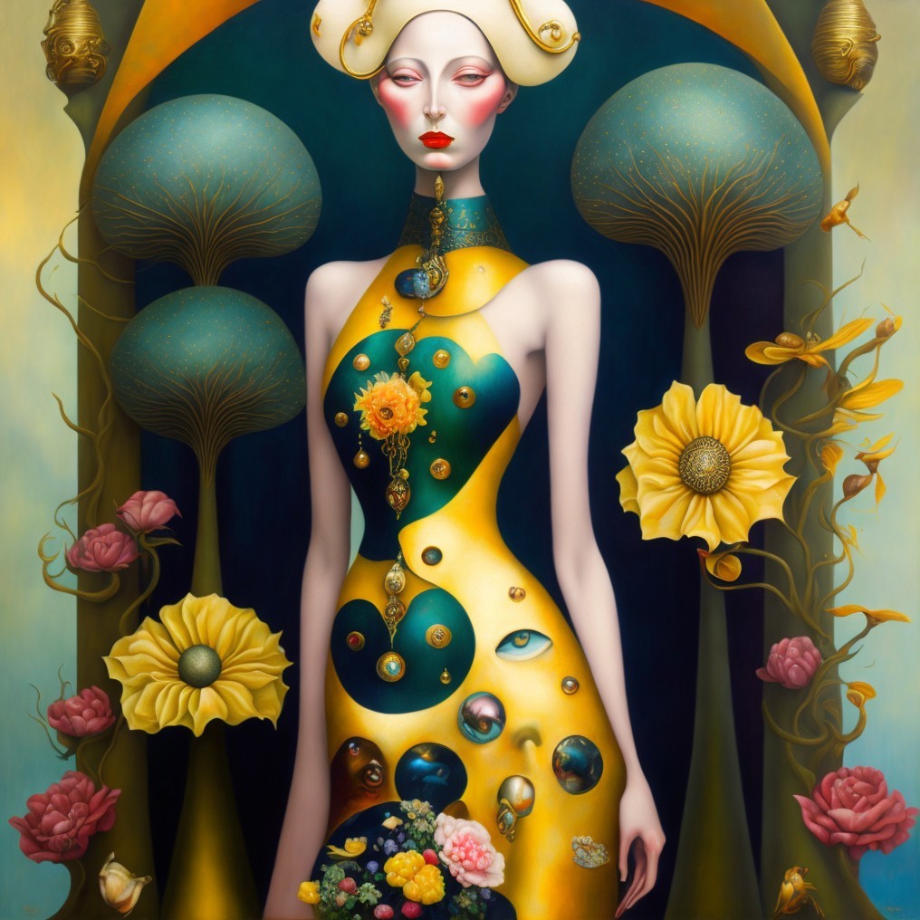 Whimsical Figure in Vibrant Dress Surrounded by Surreal Elements