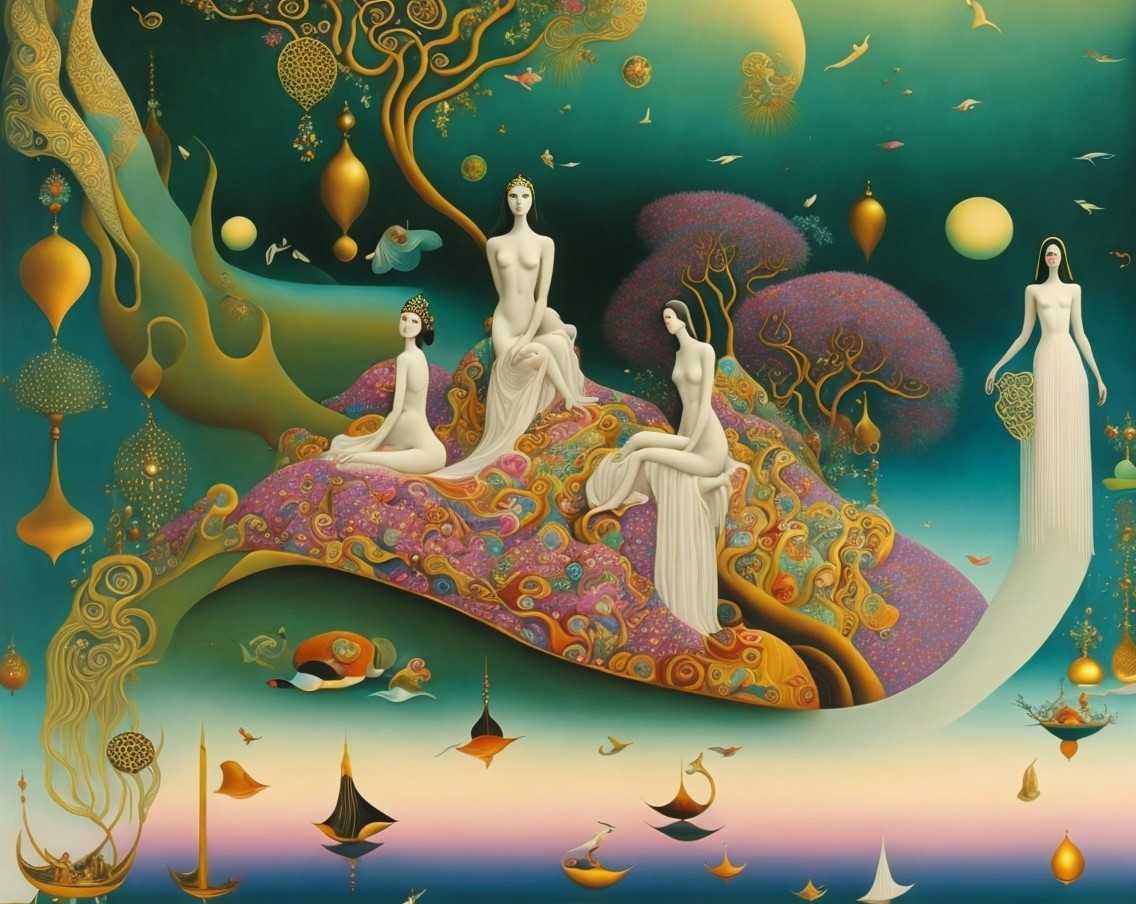Surreal Scene with Ethereal Figures in Dreamlike Landscape
