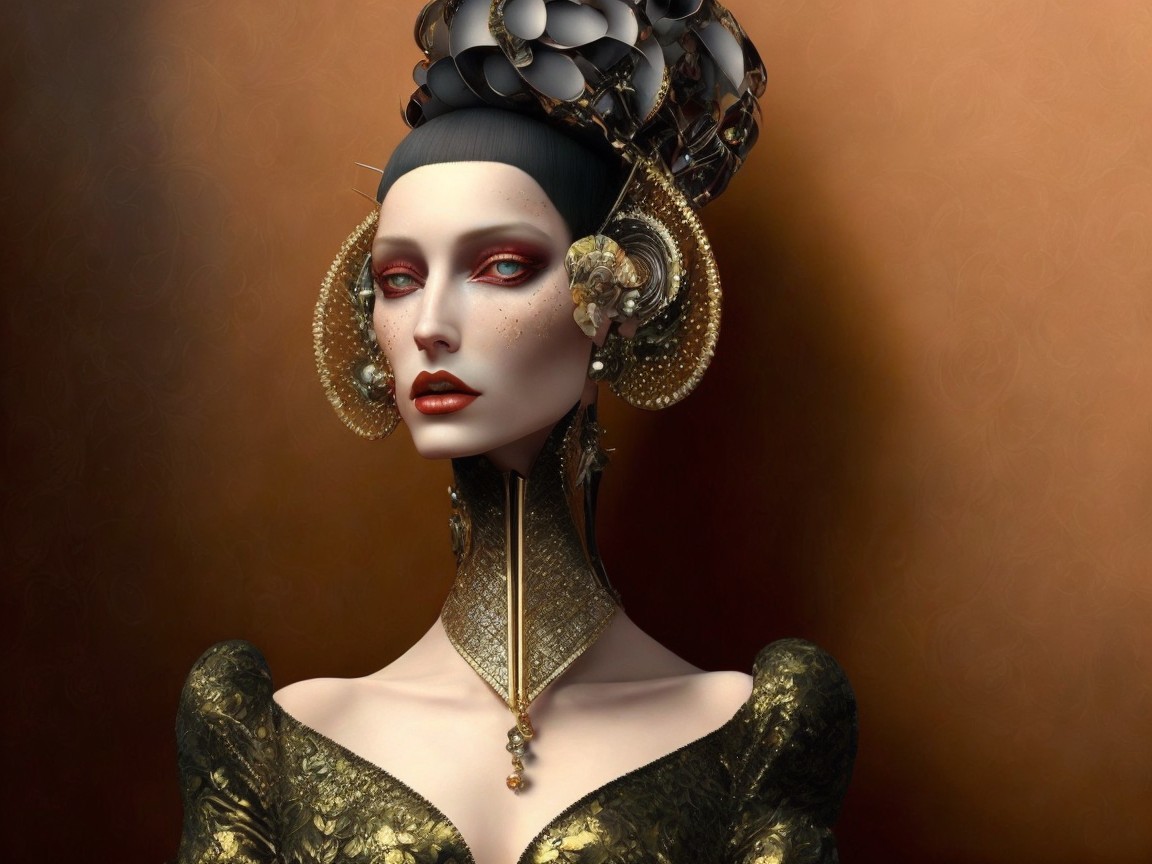 Futuristic High-Fashion Design with Ornate Golden Attire