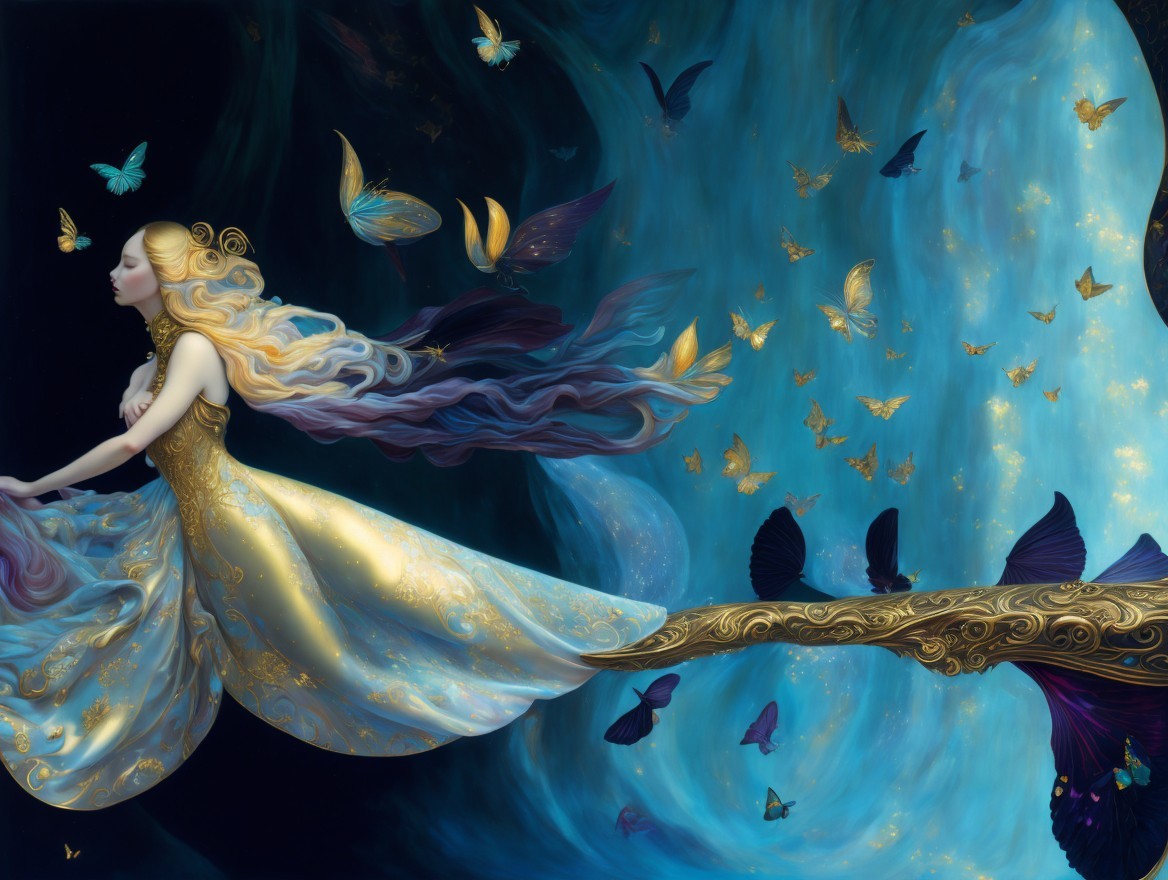 Ethereal Figure in Golden Gown in Vibrant Landscape