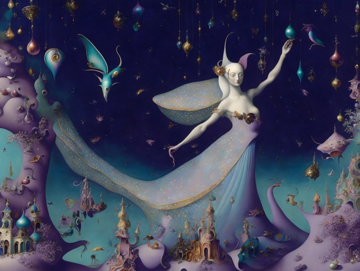 Mystical figure in ethereal gown in surreal landscape