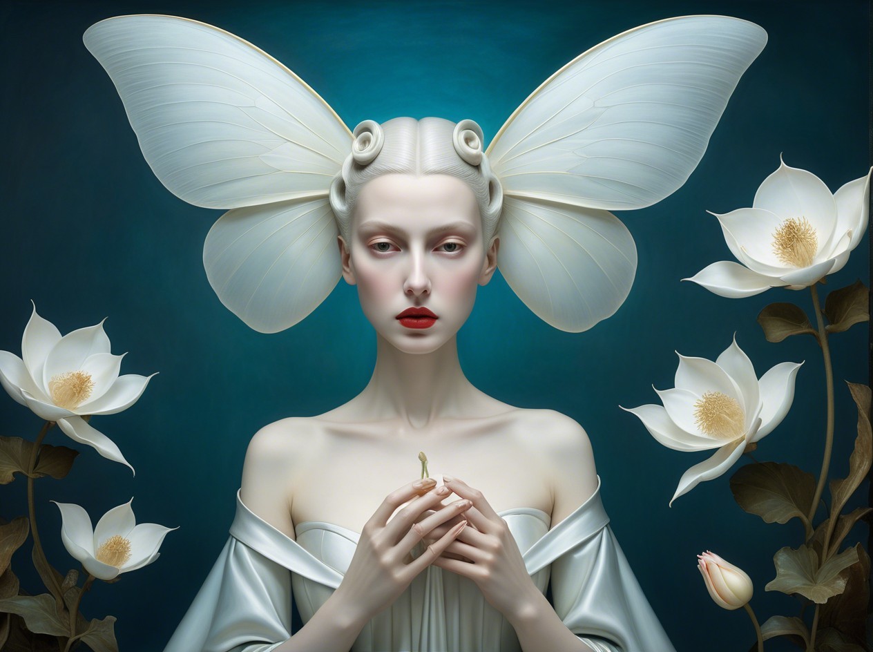 Serene figure with butterfly wings and lotus flowers