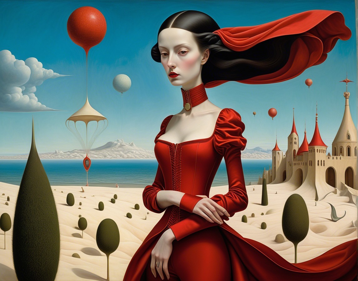 Surreal Landscape with Figure in Red Dress and Balloons