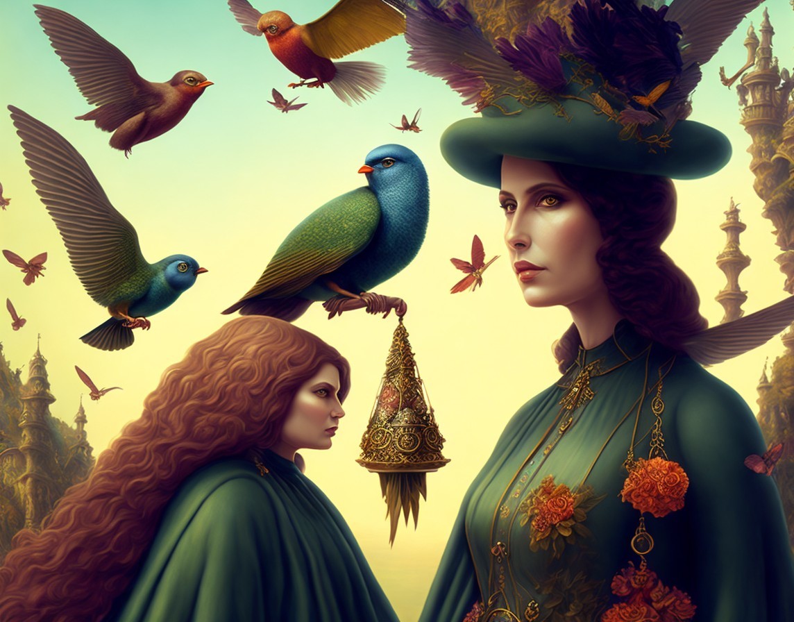 Mystical Scene with Women, Birds, and Butterflies