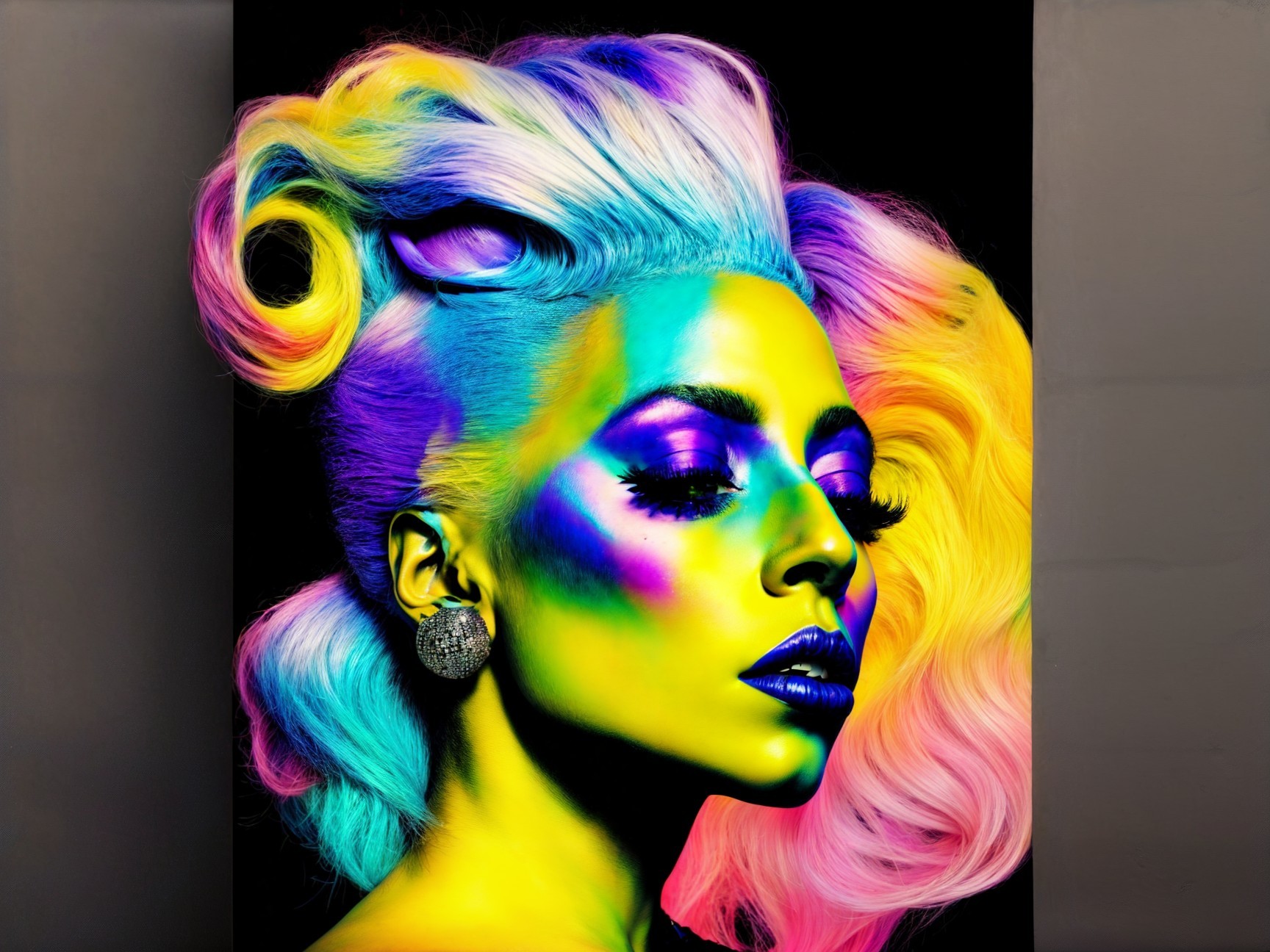 Portrait of a Woman with Multicolored Hair and Makeup