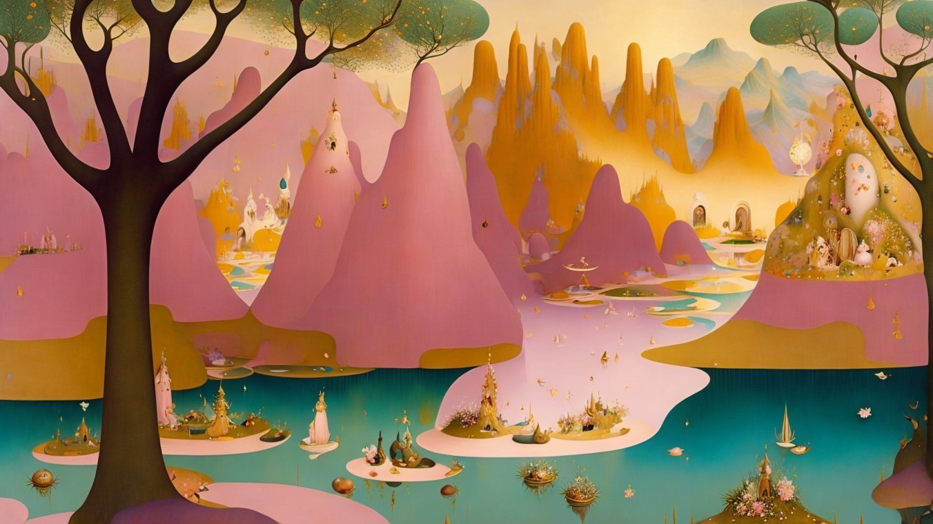 Whimsical Landscape with Pink Mountains and Castles