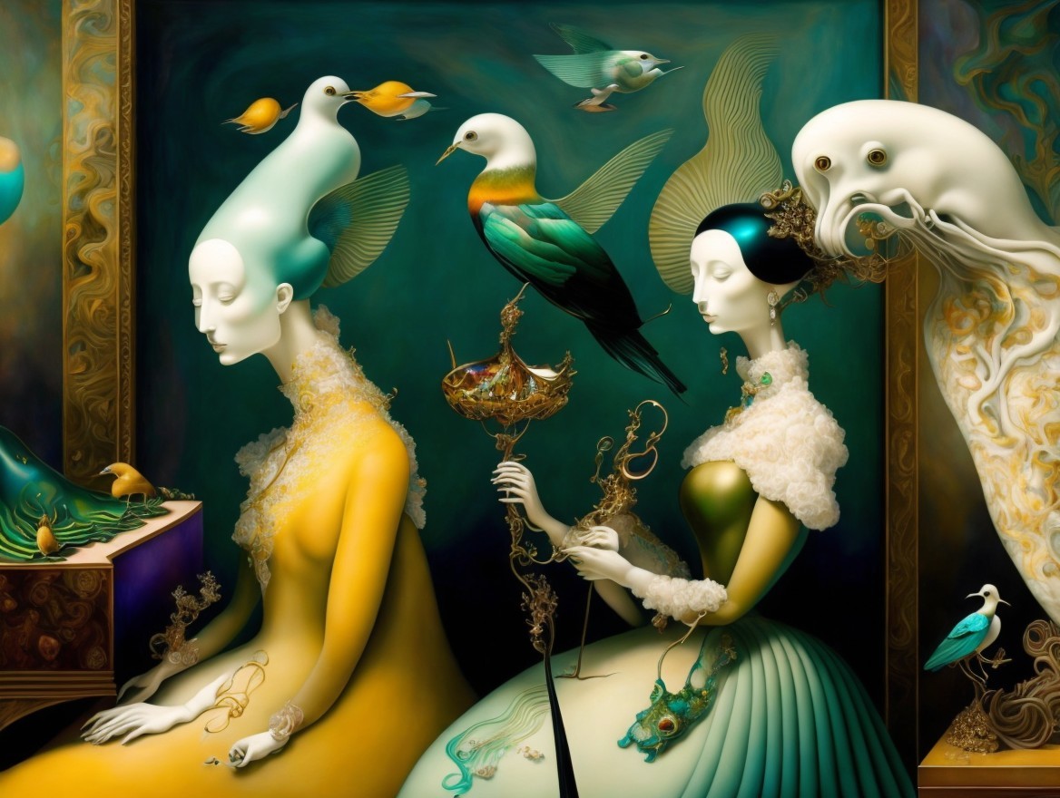 Stylized Figures in Vibrant Gowns with Surreal Elements