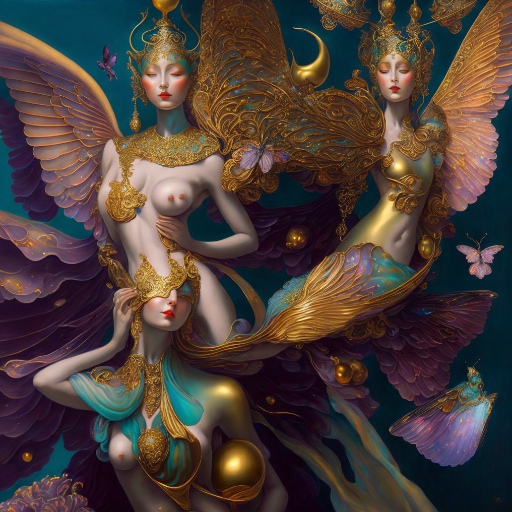 Ethereal Figures with Golden Accessories and Wings