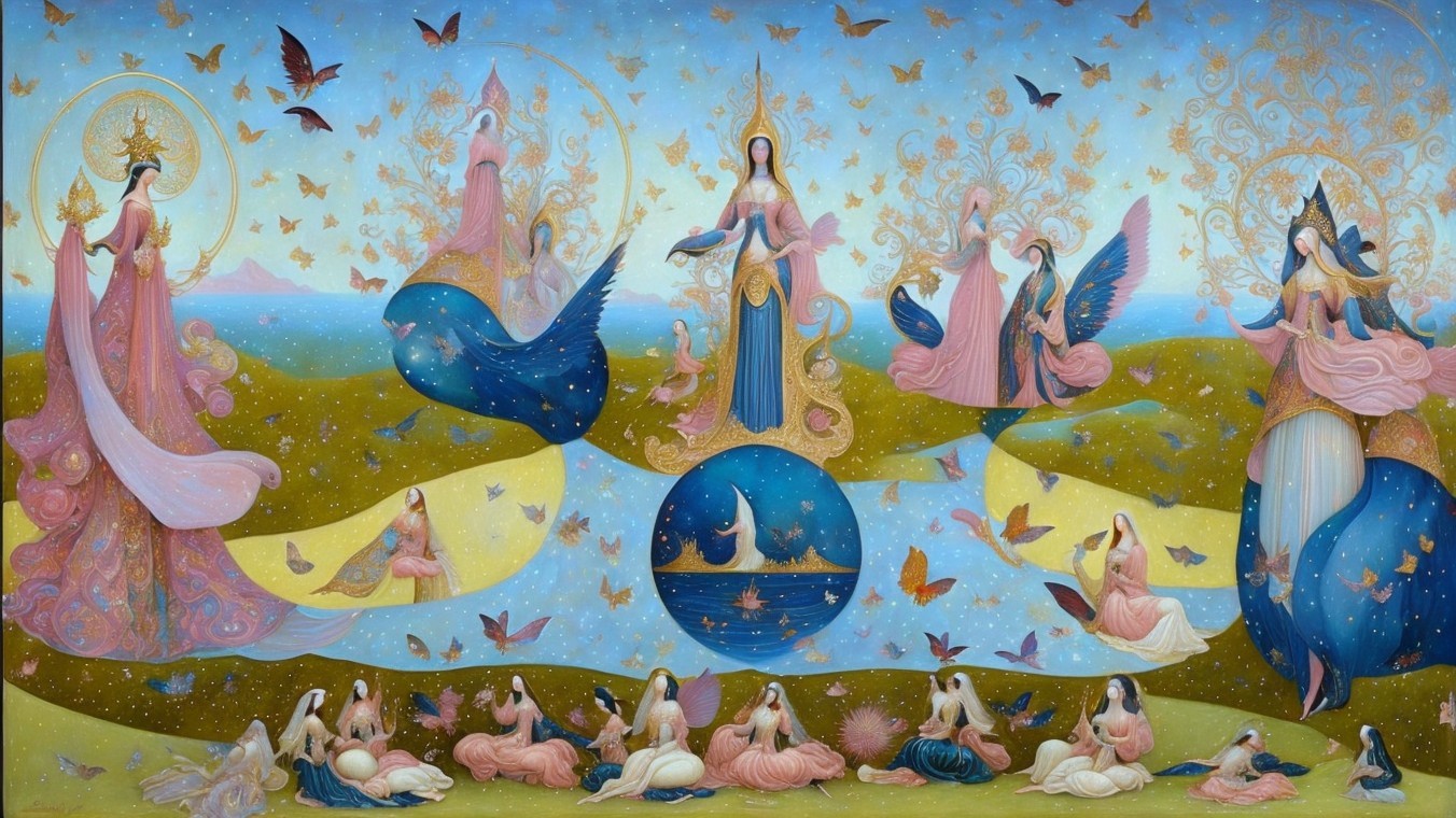 Serene Painting of Ethereal Figures in Vibrant Landscape