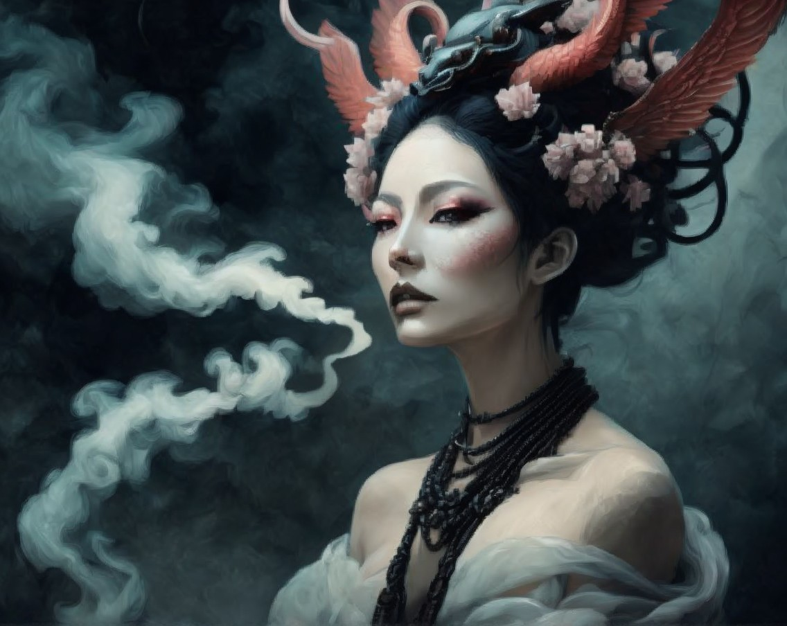 Vibrant figure with dragon features and floral accents