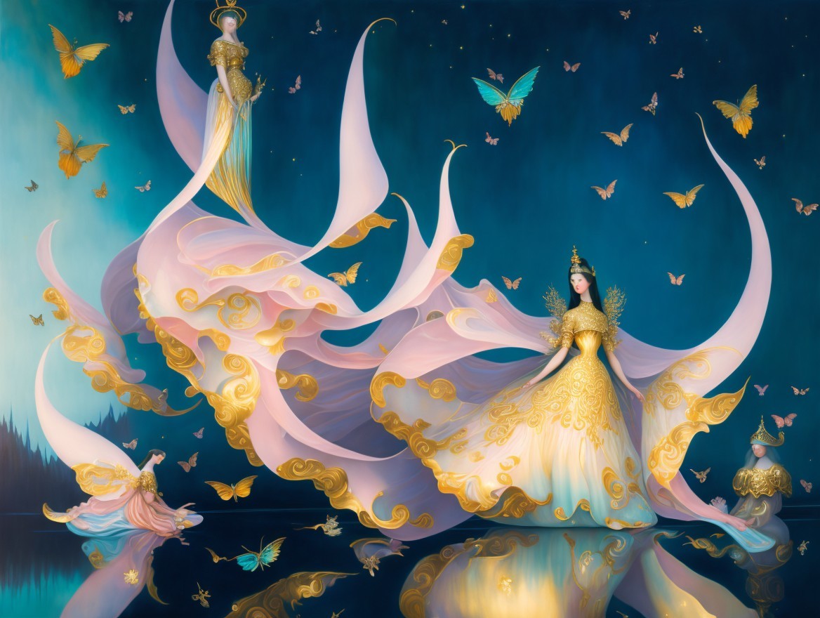 Ethereal Figures in Flowing Gowns with Butterflies
