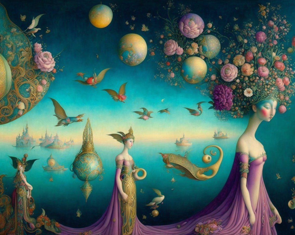 Ethereal Figures in Purple Garments with Floral Hair