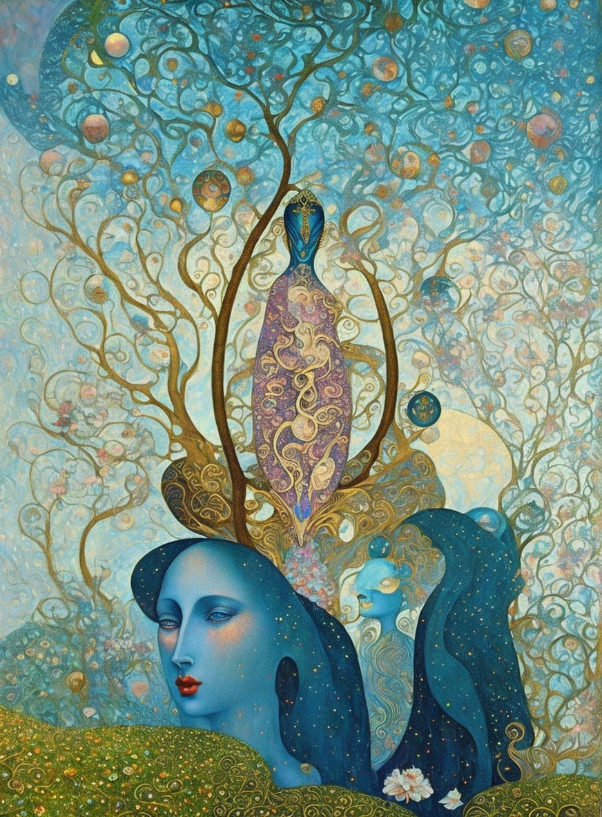 Ethereal Figures with Blue Skin in Vibrant Artwork