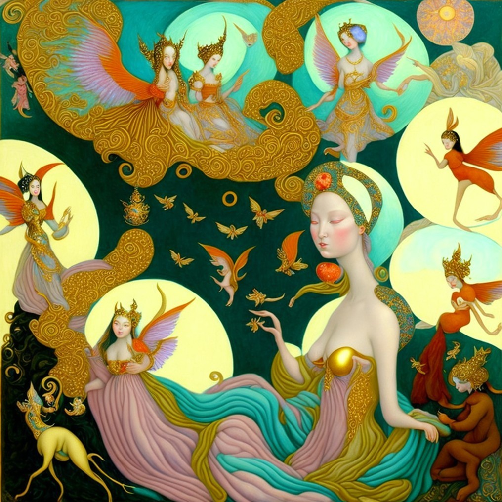 Whimsical Scene with Ethereal Figures and Colorful Orbs