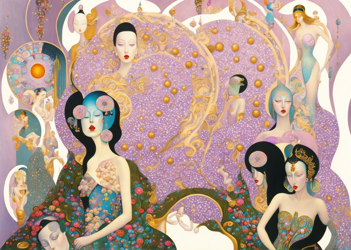 Vibrant Artwork of Ethereal Figures in Dreamlike Setting