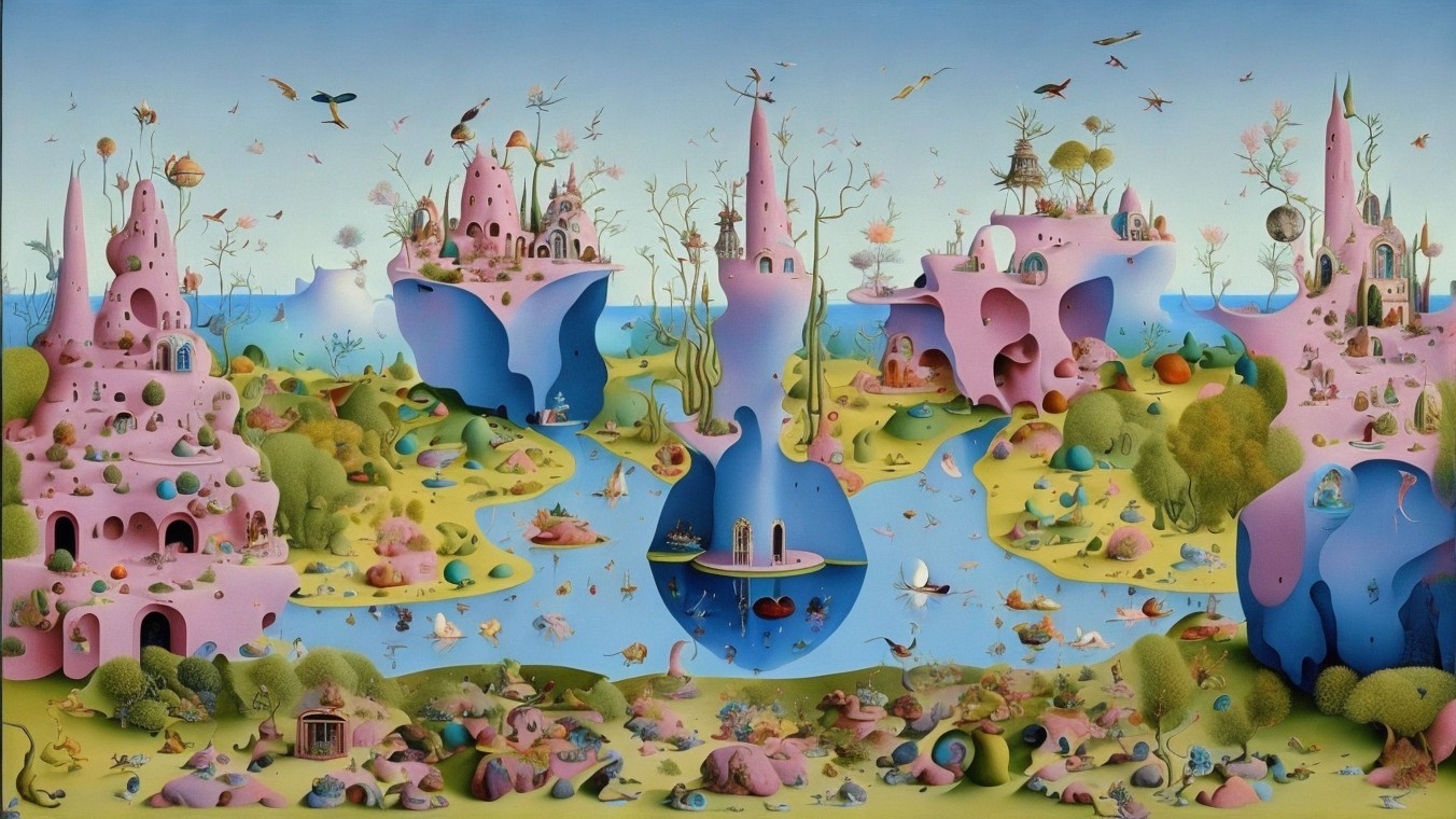 Surreal Landscape with Vibrant Structures and Flora
