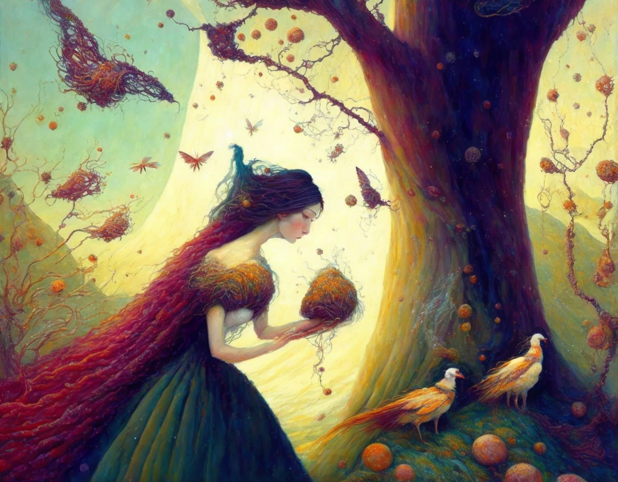 Whimsical Scene of a Woman with a Nest by a Tree