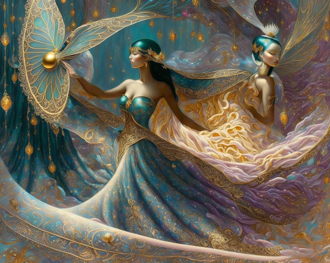 Ethereal Figures in Flowing Gowns with Dreamy Background