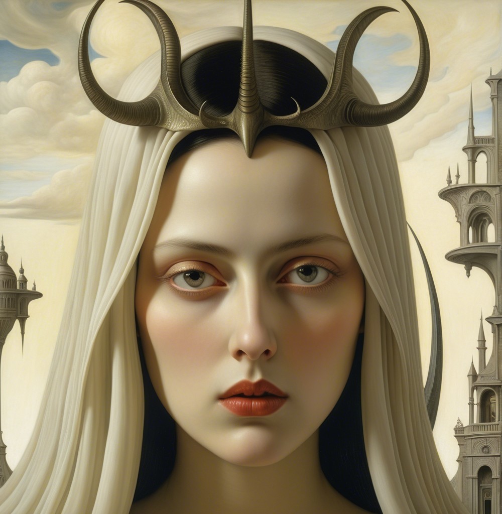 Portrait of a woman with white hair and horned crown