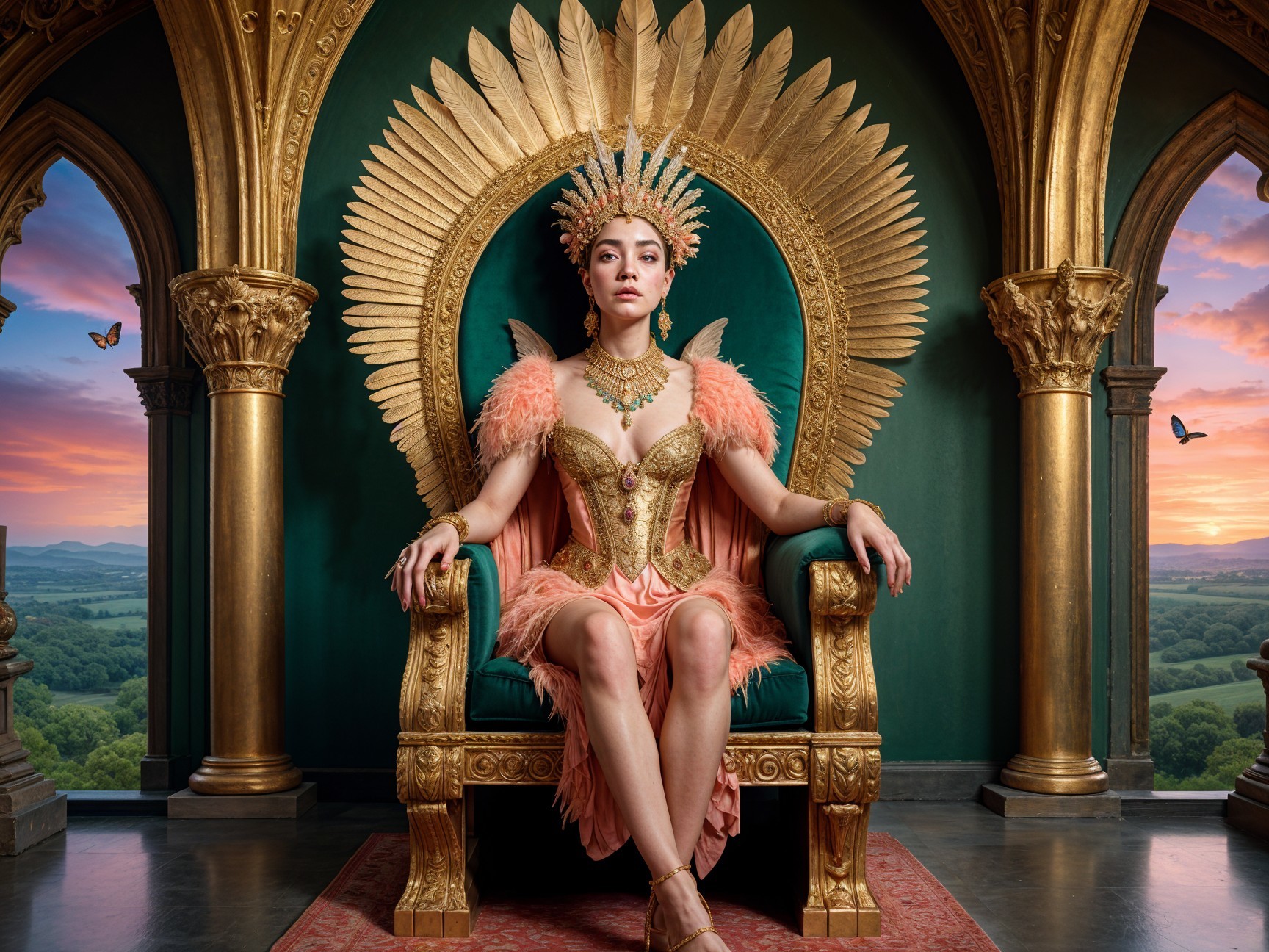 Regal Figure on Ornate Golden Throne in Vibrant Setting
