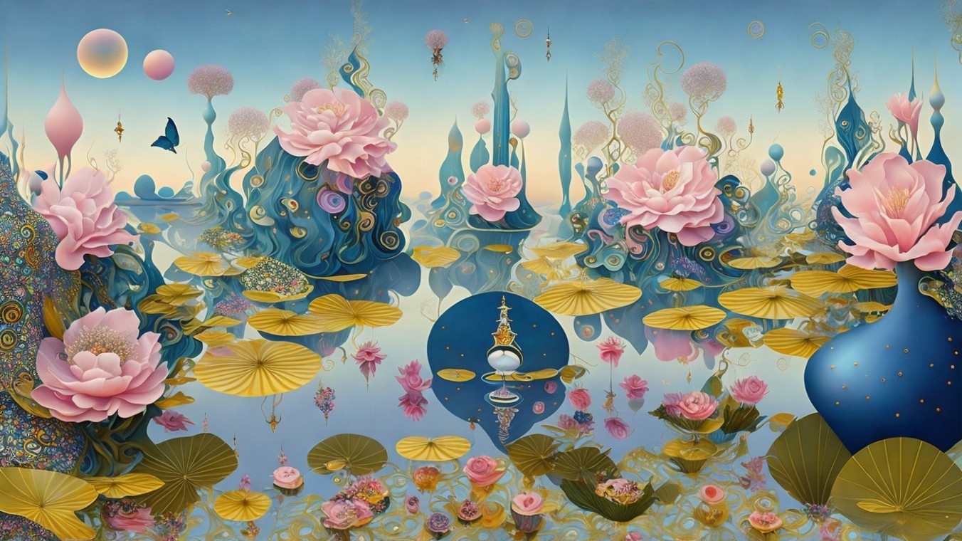 Vibrant Lotus Flowers in a Dreamlike Landscape