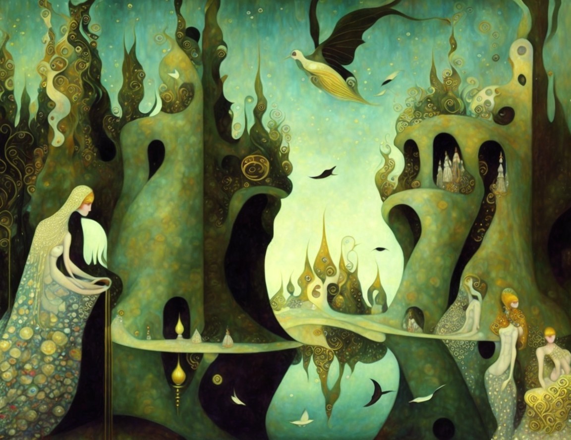 Ethereal Figures and Nature in Dreamlike Landscapes