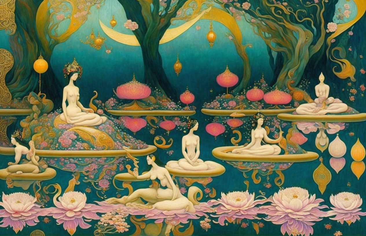 Ethereal Figures on Lotus Platforms in Dreamlike Landscapes