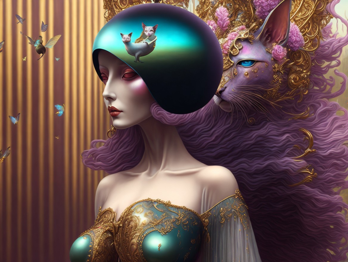 Surreal Scene of Woman with Cats and Butterflies