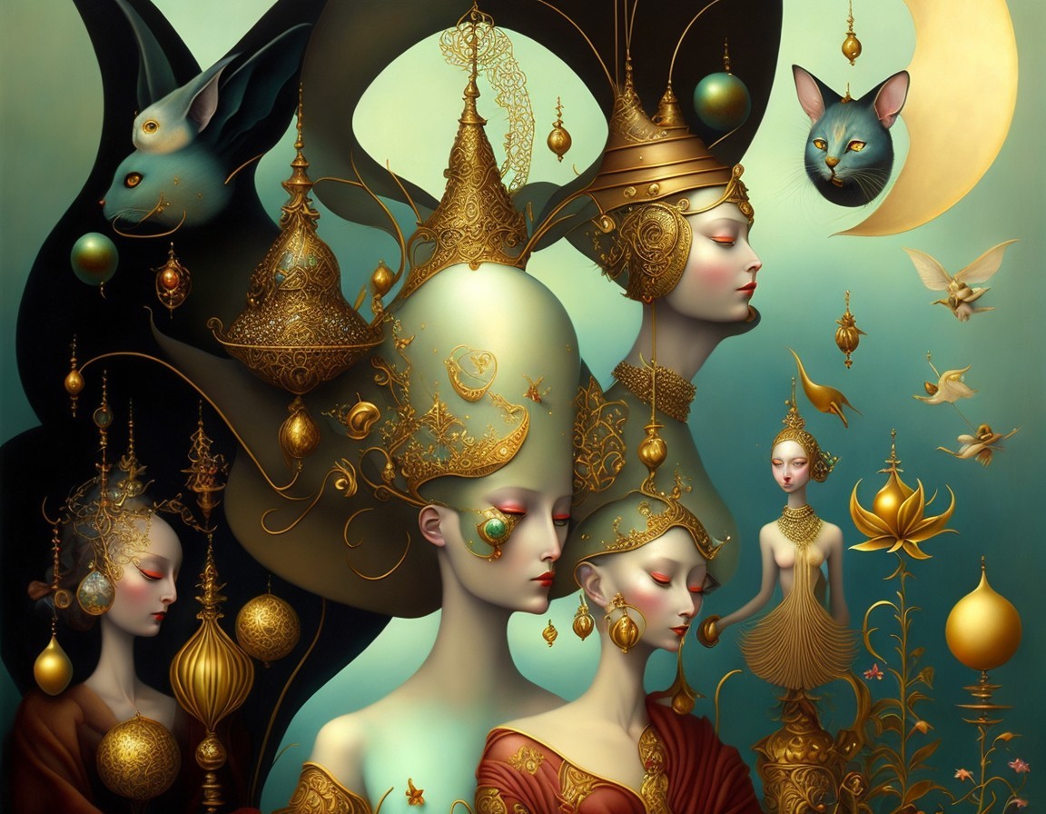 Surreal Artwork with Ethereal Figures and Fantasy Elements
