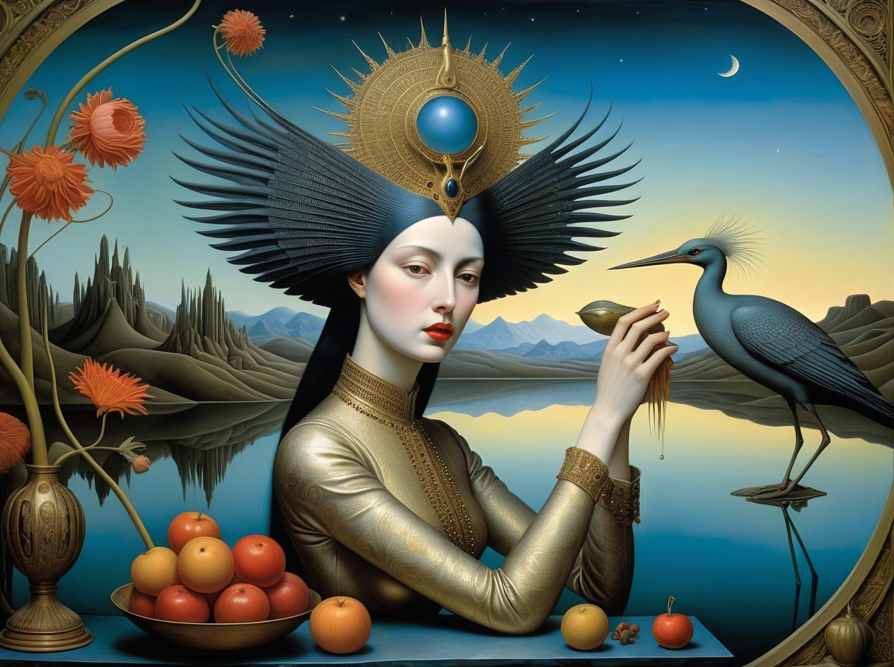 Gold-Adorned Figure by Serene Lakeside Setting