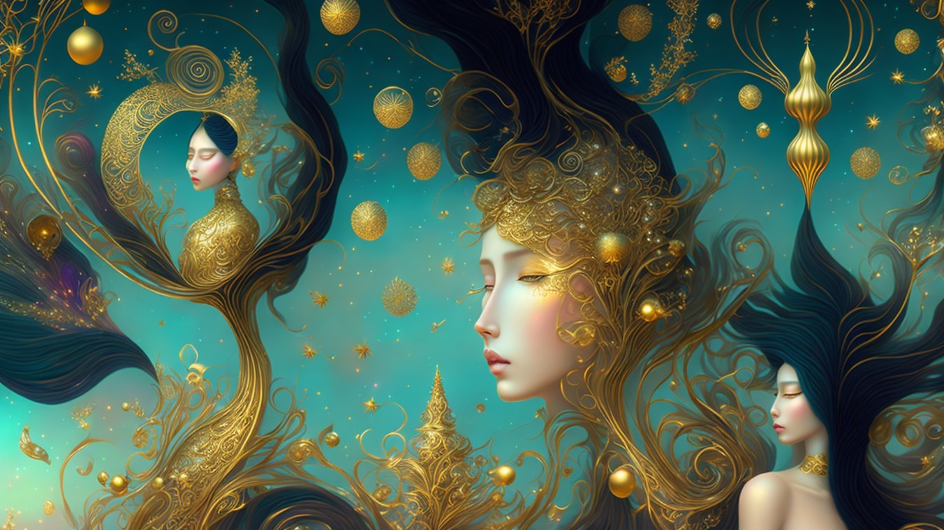 Ethereal Figures with Golden Patterns in Celestial Scene