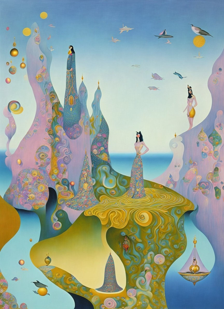 Surreal Landscape with Vibrant Mountains and Ethereal Figures