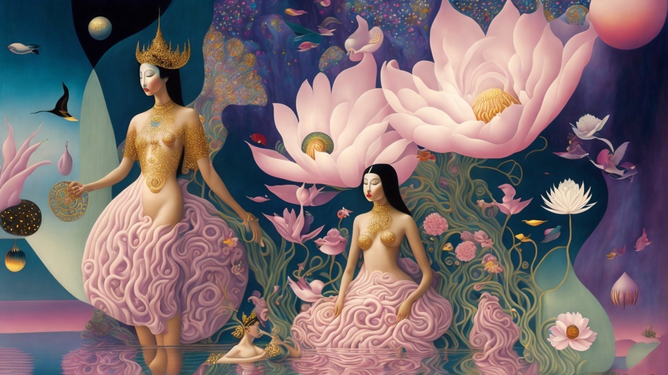 Ethereal Figures Among Lotus Flowers in Tranquil Water